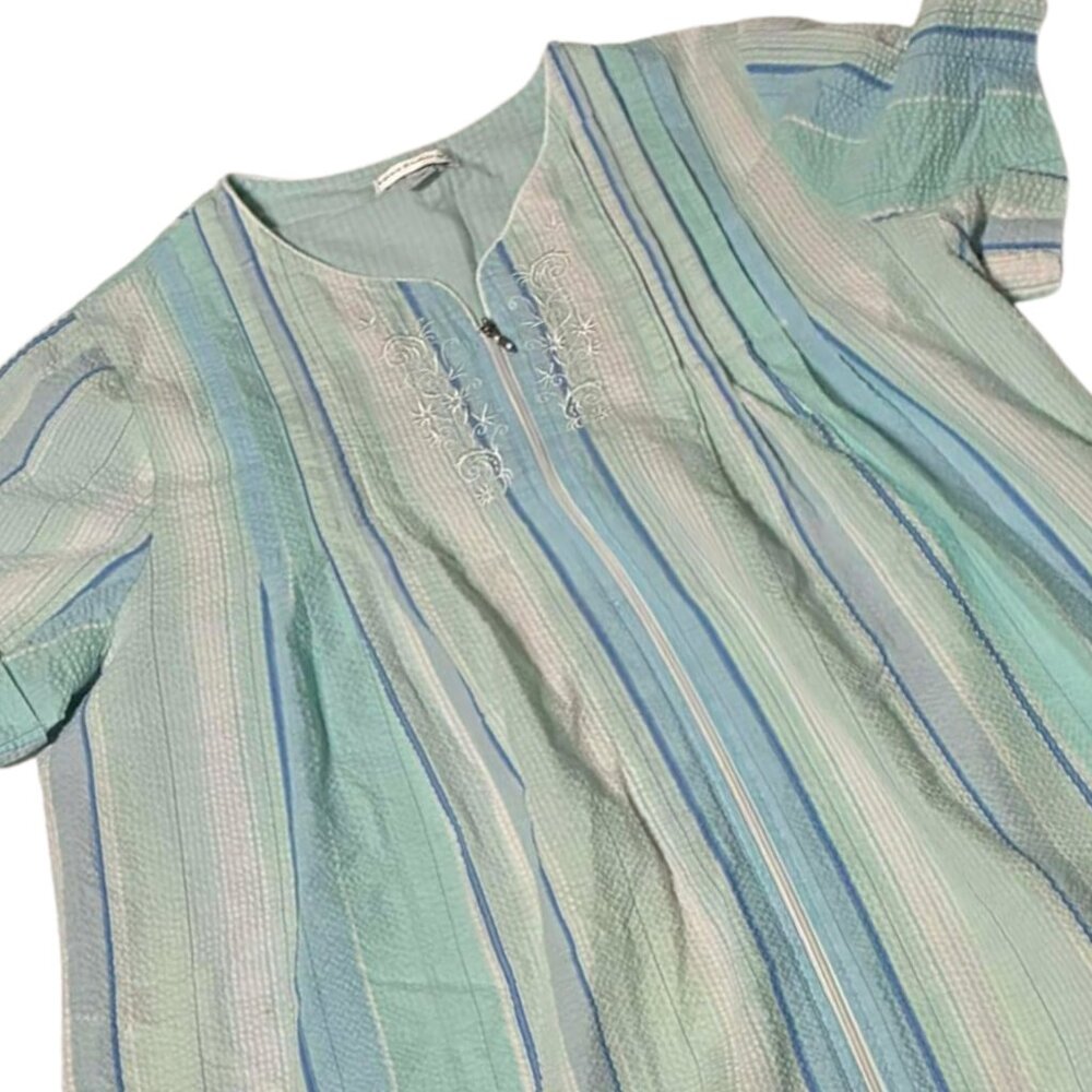 Miss Elaine L Blue Stripe Cotton Blend Seersucker Full Zip Short Robe Lounger